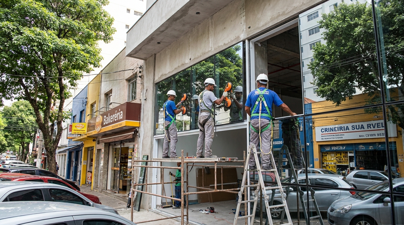 Fachada de vidro com confeitaria vizinha em Petrópolis-RJ